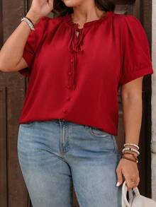 EMERY ROSE Camisa de manga corta con volantes rojos vintage de talla grande - Burdeos - Ver 3