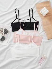 SHEIN 3pcs/Set Teen Girls' Simple Black, White, Pink Comfortable Wireless Bras With Pads, Casual Underwear Ribbed Tube Top Camisole Set Crop Tops Teen Girls Bra Tops Tank Tops With Bras Teen Knitted Ribbed Crop Tops - Multicolor - View 2