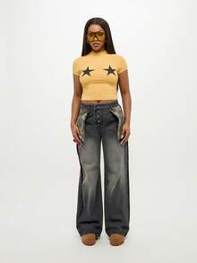 SUMWON Jeans de talla grande con cintura alta y pierna ancha, con bolsillos de camuflaje y lavado vintage - Negro - Ver 3