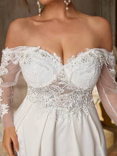 Aureia Vestido largo de manga larga transparente con hombros descubiertos, elegante y lujoso, de talla grande, en beige, con bordado de encaje, malla y parches de satén, bajo de cola de pez, adecuado para bodas, fiestas y vacaciones