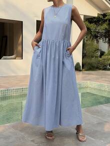 Livesso 无袖棉质条纹中长连衣裙，适合海滩度假 - 藍色 - 查看 4