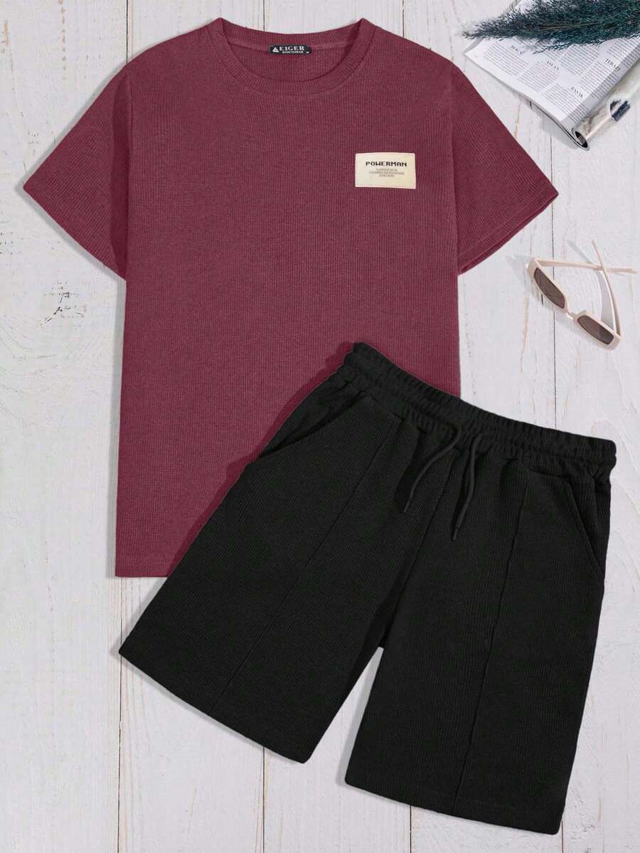 EURMUSE 100%Cotton Men's Classic Waffle Check Placket Detail Short Sleeve T-Shirt And Shorts Set - Black - View 1