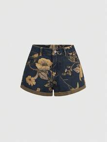 ROMWE 夏季新款中蓝色水洗牛仔Y2K街头风复古花卉印花侧袋时尚休闲柔软舒适女式牛仔短裤 - 中等水洗藍 - 查看 1