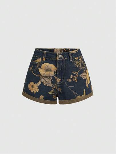 ROMWE Nuevos shorts vaqueros de verano de mezclilla azul medio lavada con estampado floral vintage, bolsillos laterales, moda casual, suave y cómodo para mujer