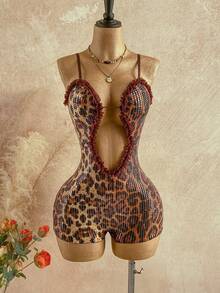 Soleia Mono de mujer con estampado de leopardo, volantes con lentejuelas y recortes calados, sexy - Café integral - Ver 7