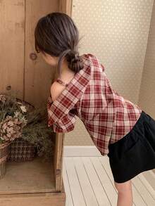 DAZY Young Girls Plaid Korean Style Casual Short Sleeve Shirt, Spring/Summer - Red - View 2
