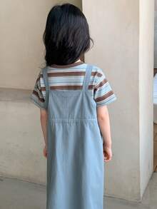 DAZY Young Girls Round Neck Striped Korean Style Short Sleeve T-Shirt And Denim Suspender Skirt 2-Piece Set - Blue - View 4