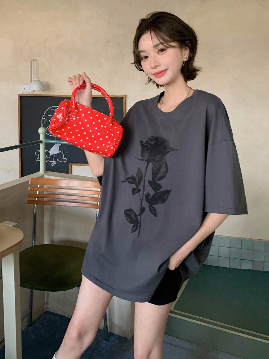 DAZY Women's Floral Print Loose Fit Round Neck Drop Shoulder T-Shirt - Grey - View 1