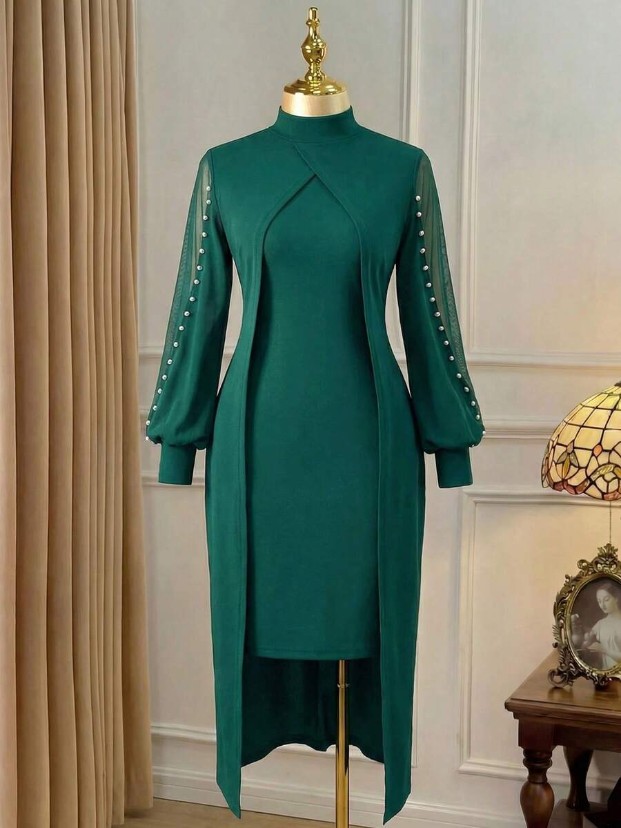 SHEIN Clasi 女士优雅圆领网纱拼接泡泡装饰长袖连衣裙长裙套装 - 墨綠色 - 查看 1