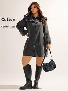 Elaquor Plus Size Women Long Sleeve Single-Breasted Ruffle Patchwork Casual Denim Dress - Black - View 7