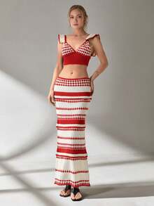 SHEIN Cottnline Women Top And Skirt Openwork Sweater Cover Up Set - Red - View 3