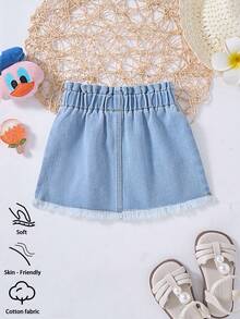 Baby Girls Denim Skirt,Light Blue Summer Casual Graduation,Elastic Waist Ruched Animal Print Button Decor Loose Cotton Skirts For School Party Outing - Light Wash - View 2