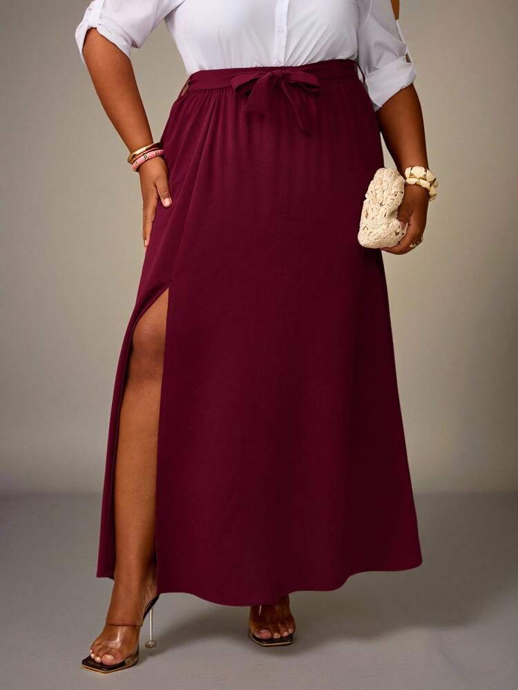 Plus Size Women's Summer Casual Vacation Elegant Belted Split Design Solid Color Skirt, Wine Red, Spring/Summer,Early Spring,Spring Break, Vacation Women, Holiday For Women,Spring Women,Going Out,2026 New,Simple And Fashionable For Everyday Wear, Burgundy Skirt, Maroon Long Skirt, Burgundy Long Skirt, Long Skirt With Slit
