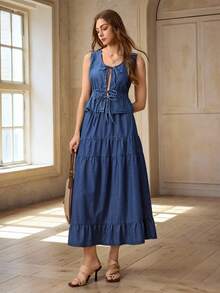 Selenza Women's Fashionable Casual Sleeveless Denim Shirt With Drawstring - Blue - View 6