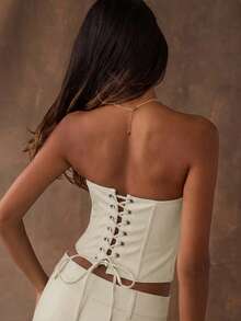 SHEIN BAE Áo quây nữ màu trơn dáng rộng, phối họa tiết xương cá, thích hợp mặc mùa hè. - Màu be - Xem 2