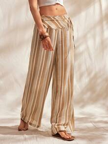 Easelle Striped Print Knotted Casual Loose Wide Leg Pants Bohemia Summer Spring  Beach Pants  Vacation Outfits Women Khaki Loose And Comfortable - Butter Yellow - View 6