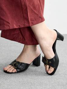 CUCCOO BIZCHIC 女士圆头粗跟优雅甜美浪漫真皮高跟鞋，露趾设计，适合下午茶、约会、时尚派对、工作装扮等场合，百搭时尚，也适合万圣节等场合。 - 黑色 - 查看 6