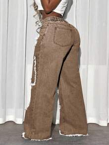 Slaydiva Women's Distressed Slant Pocket Casual Versatile Wide Leg Jeans Ripped Baggy Jeans Patchwork Pants Loose Jeans Ripped Jeans Distressed Jeans - Coffee Brown - View 2