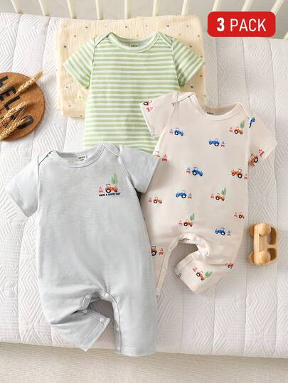 3件套新生儿可爱农场动物印花条纹短袖连体衣套装