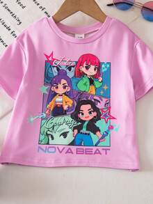 SHEIN Baby Girl Cartoon Character Print Round Neck Short Sleeve T-Shirt And Shorts Casual Outfit - Purple - View 7