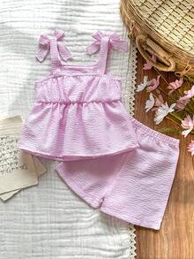 SHEIN Vintaside Kids 2件套女婴幼儿/新生儿0-3岁春夏休闲日常可爱度假条纹蝴蝶结装饰吊带背心+短裤套装 - 粉色 - 查看 2