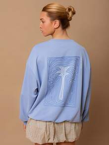 SURIMA Casual Minimalist Printed Pattern Hooded Long Sleeve Loose Fit Women Sweatshirt - Dusty Blue - View 1