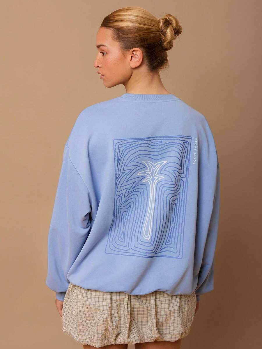 SURIMA Casual Minimalist Printed Pattern Hooded Long Sleeve Loose Fit Women Sweatshirt - Dusty Blue - View 1