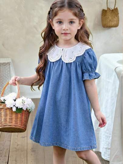 LMoss Kids Vestido corto de manga abullonada de mezclilla azul con cuello lindo para niña