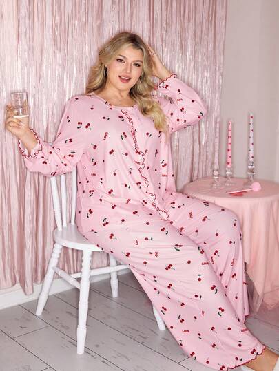 可爱甜美情人节樱桃情书印花拼接圆领舒适纽扣长袖荷叶边罗纹针织加大码睡衣套装