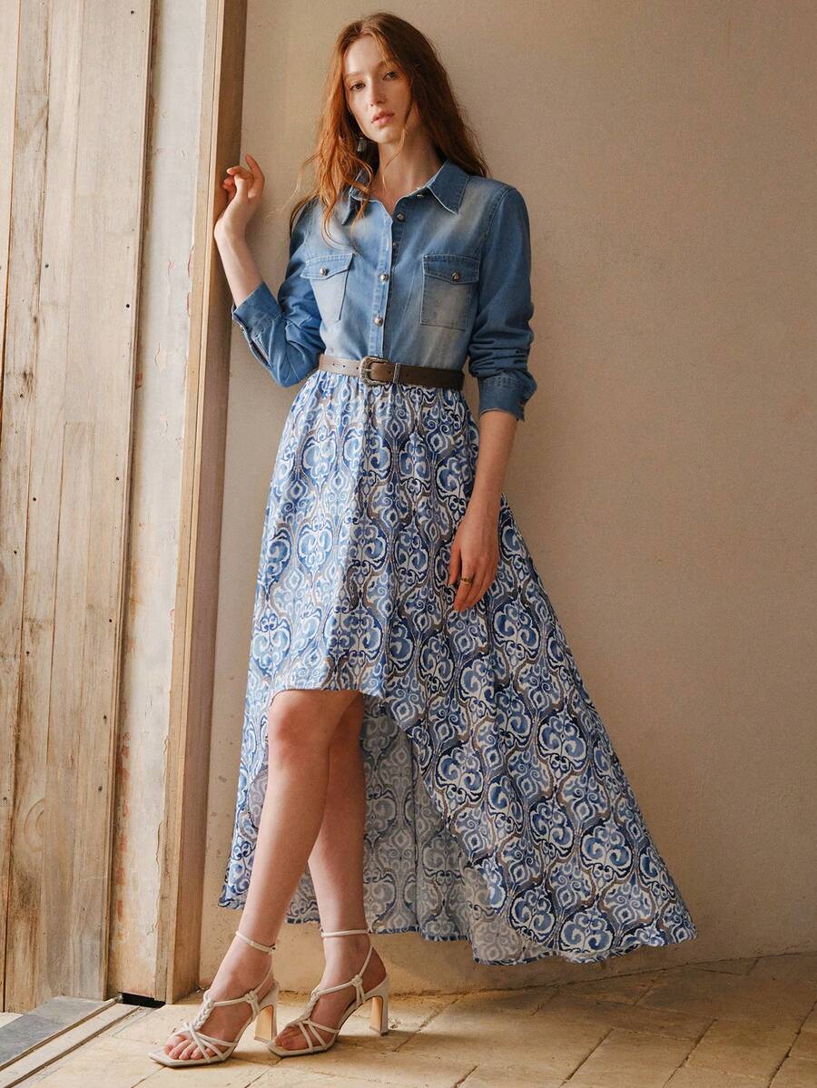 MOTF PREMIUM WOMEN'S ELEGANT PATCHWORK PRINT ASYMMETRICAL HEM DENIM DRESS WITH BELT - Baby Blue - View 1