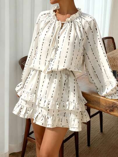 EMERY ROSE Women's Striped Ruffle Tie Neck Long Sleeve Flounce Hem Fashionable Vacation Beach Mini Dress