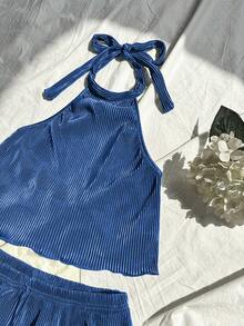 Elamini Women's Solid Color Halter Neck Camisole And Shorts Casual 2-Piece Set Two Piece Summer Set Comfortable Two Piece Set - Blue - View 5