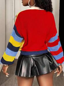 BamGleam Women Striped Colorblock Letter V-Neck Button Closure Long Sleeve Casual Sweater Cardigan Fall Winter Cloth For Women - Multicolor - View 2