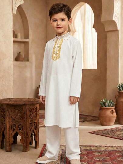 SHEIN 2 st/set Tween Boy Casual Gentleman Style Mandarinkrage Långärmad Skjorta, Jacka och Byxor Set, Lämplig För Pendling, Skola, Avslappnade Tillfällen, Sport, Vår/Sommar