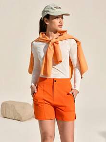 SHEIN Sports Women's Solid Color Pocket Button Casual Versatile Daily Outdoor Shorts - Orange - View 6
