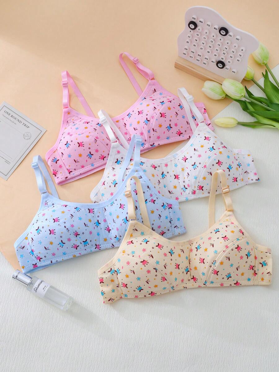 Genkimix Kids Bộ 4 món áo ngực in họa tiết chấm bi hoạt hình dễ thương cho bé gái, bộ đồ lót thoải mái phù hợp cho mọi mùa. - Nhiều màu - Xem 1