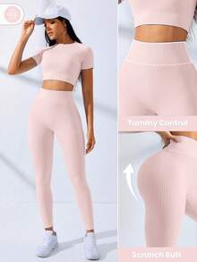 SHEIN Core Rhythm 2PCS/1SET Women's Solid Color Textured High Elasticity Shapewear Seamless Sports Set,Light Pink Summer Athleisure Gym Quick Dry 4-Way Stretch Outfit - Dusty Pink - View 5