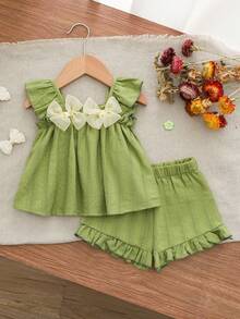 Cozy Pixies Babygirl Summer Casual Vacation Green Textured Ruffle Bow Camisole And Elastic Waist Shorts Set - Green - View 8