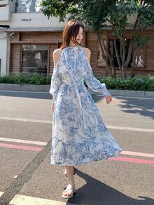 DAZY Women's Full Print Cold Shoulder Long Sleeve Dress, Korean Style Sundress Boho Vacation Outfits Women - Apricot - View 6