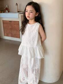 DAZY Young Girls Summer New Lace Patchwork Ruffle Trim Korean Style Sleeveless Blouse Set - White - View 5