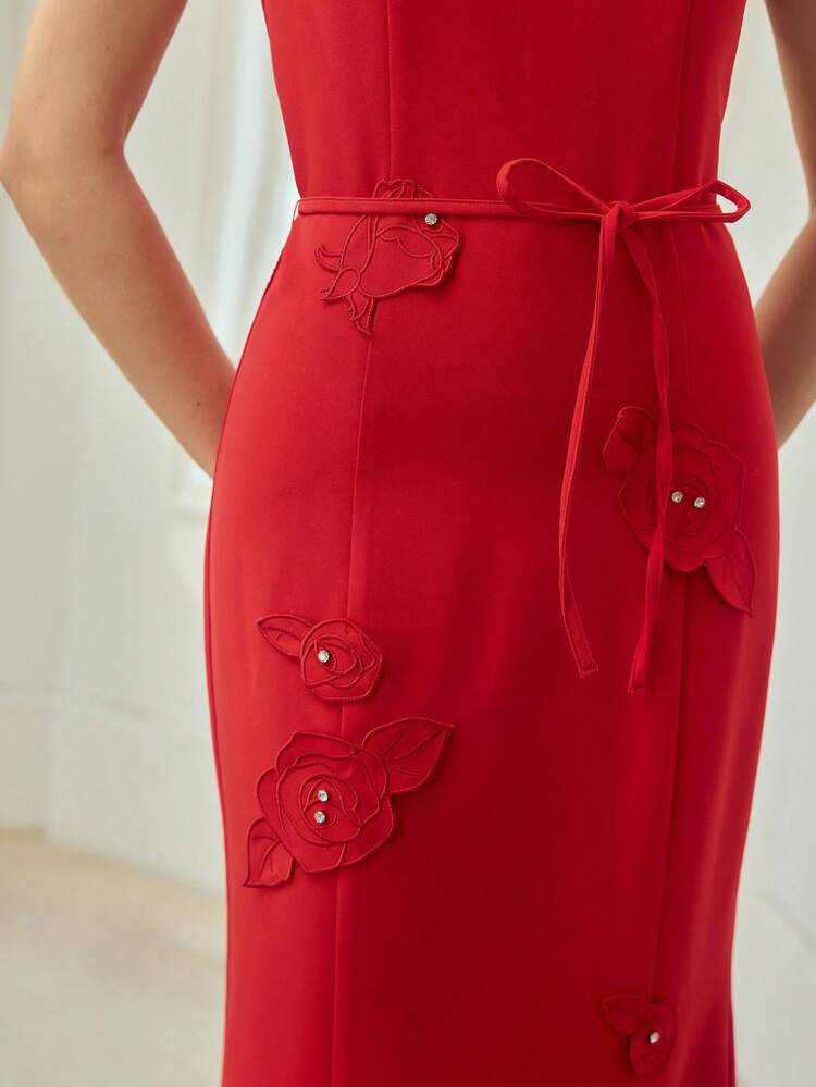 RED 3D FLORAL RHINESTONE EMBELLISHED ELEGANT DRESS