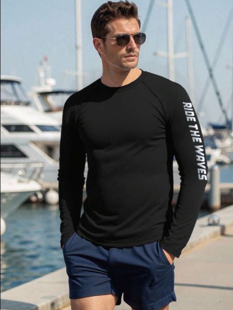 Manfinity KASUA Men's Ombre Letter Print Raglan Long Sleeve Rash Guard - Multicolor - View 1