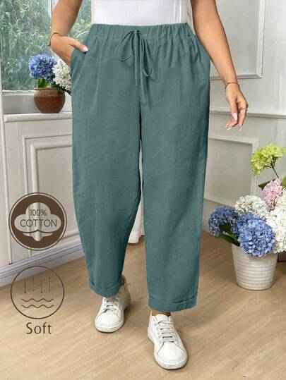 EMERY ROSE Quần dài nữ cỡ lớn bằng cotton, màu trơn, có dây buộc eo và túi.