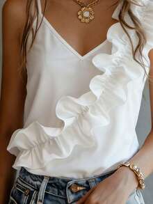 Balvessa Women's White Asymmetric Ruffle Hem Fashionable Blouse - White - View 3