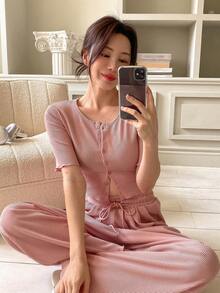 DAZY Bộ đồ mặc nhà mùa hè thoải mái gồm áo khoác và quần màu hồng nhạt cho nữ, gồm 2 món: áo khoác và quần, thích hợp mặc ở nhà. - Hồng - Xem 3