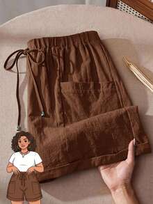 Rusticease 大码纯色打结口袋休闲百搭夏季短裤 - 鏽棕色 - 查看 1