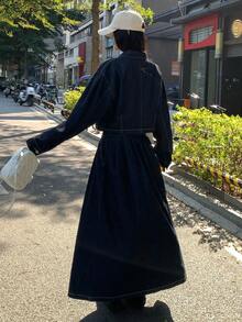 FRIFUL 女士落肩长袖单排扣外套和牛仔裙休闲套装 - 藍色 - 查看 9