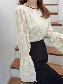 FRIFUL Women's Round Neck Lace Fabric Shirt With Contrast Color Trim On Collar And Cuffs, Bell Sleeve Design, Suitable For Spring To Summer - White - View 2