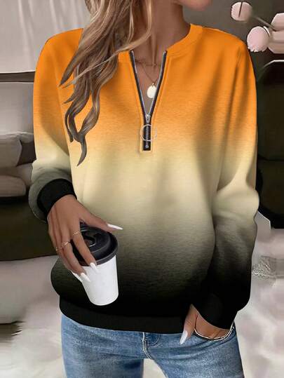 EMERY ROSE Plus Size Women Casual Gradient Print Zip-Up Crew Neck Sweatshirt, American Minimalist Style