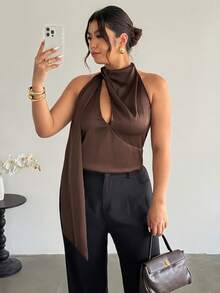 Firerie 大码女式优雅浪漫度假休闲不对称镂空无袖修身背心，适合毕业典礼、秋冬季、生日派对、婚礼宾客、聚会等场合。 - 棕色 - 查看 6
